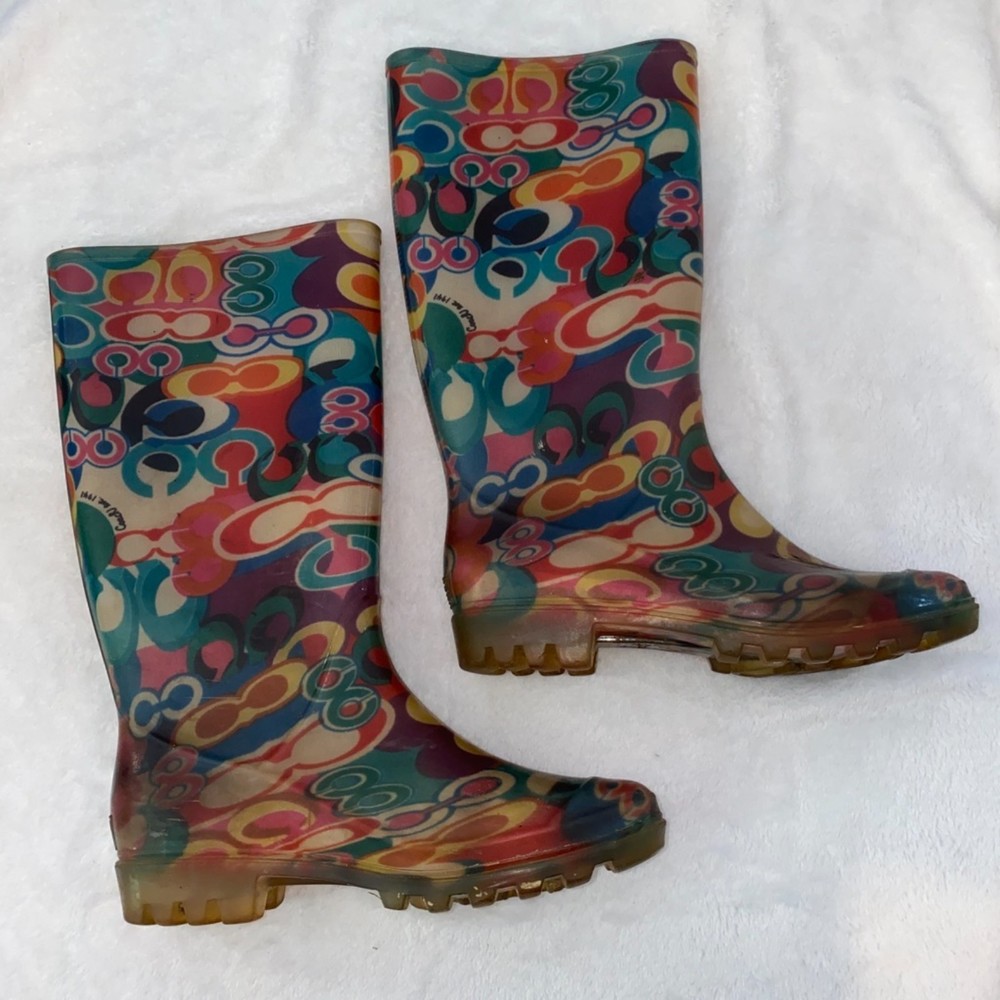 Coach poppy C print logo rain boots multicolor size 7